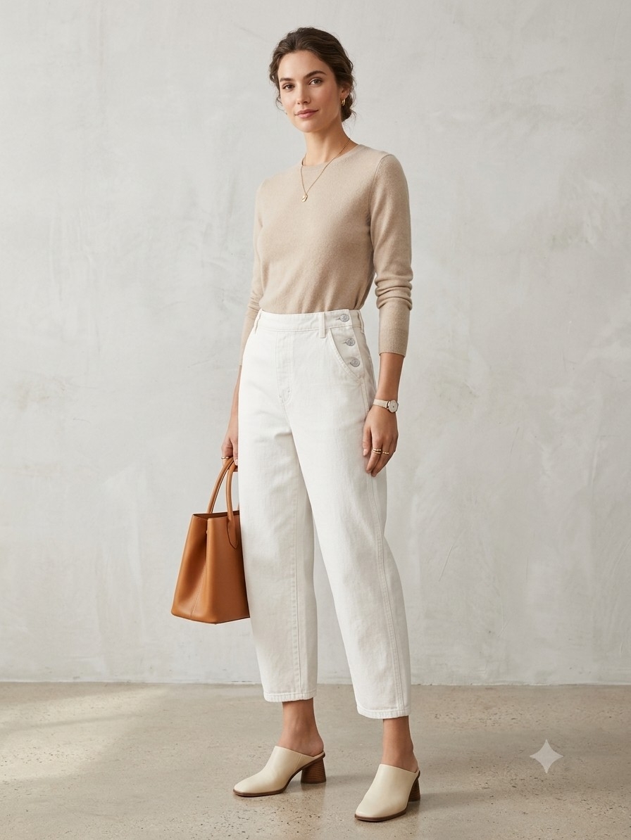 Frame Barrel Leg Jeans Cropped Button Detail Parchment White 24 Like New